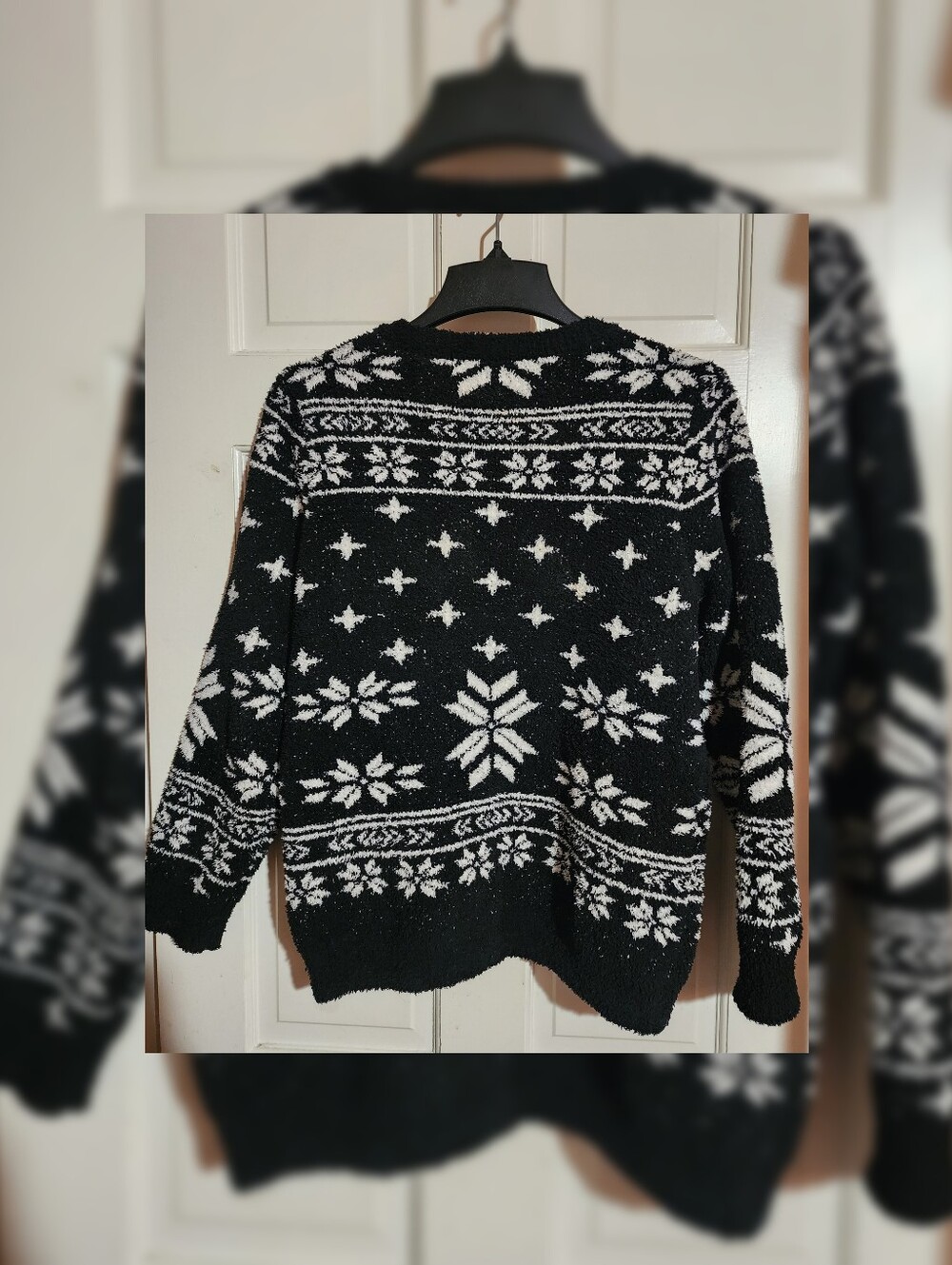 Barefoot Dreams CozyChic Seaside Black Fair Isle Crew Neck Sweater L - Picture 7 of 8
